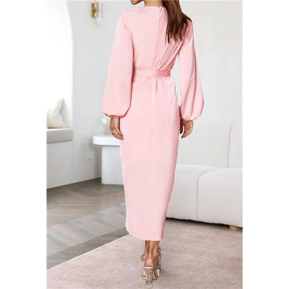 Women's Elegant V Neck Dress & Pink Satin Long Sleeve Midi Dress - Picture 3 of 6